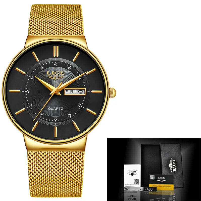 Relogio Masculino 2024 LIGE New Mens Watches Top Brand Luxury Ultra Thin Quartz Watch Men Steel Mesh Strap Waterproof Gold Watch