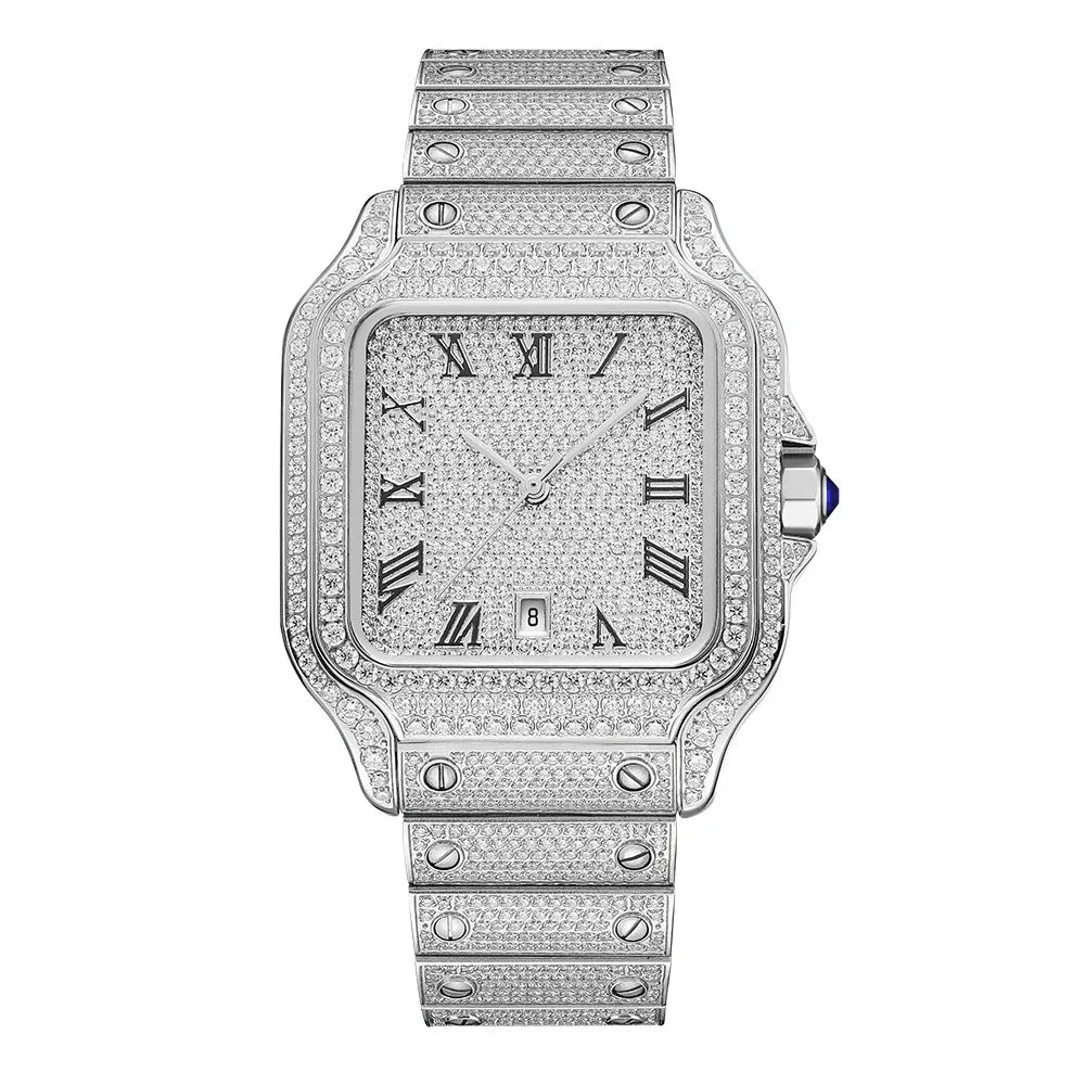 Shenzhen Factory Wholesale Perfect Diamond Stainless Steel Quartz Watches for Men Gold Silver Sparkling Rectangle Dial 40mm