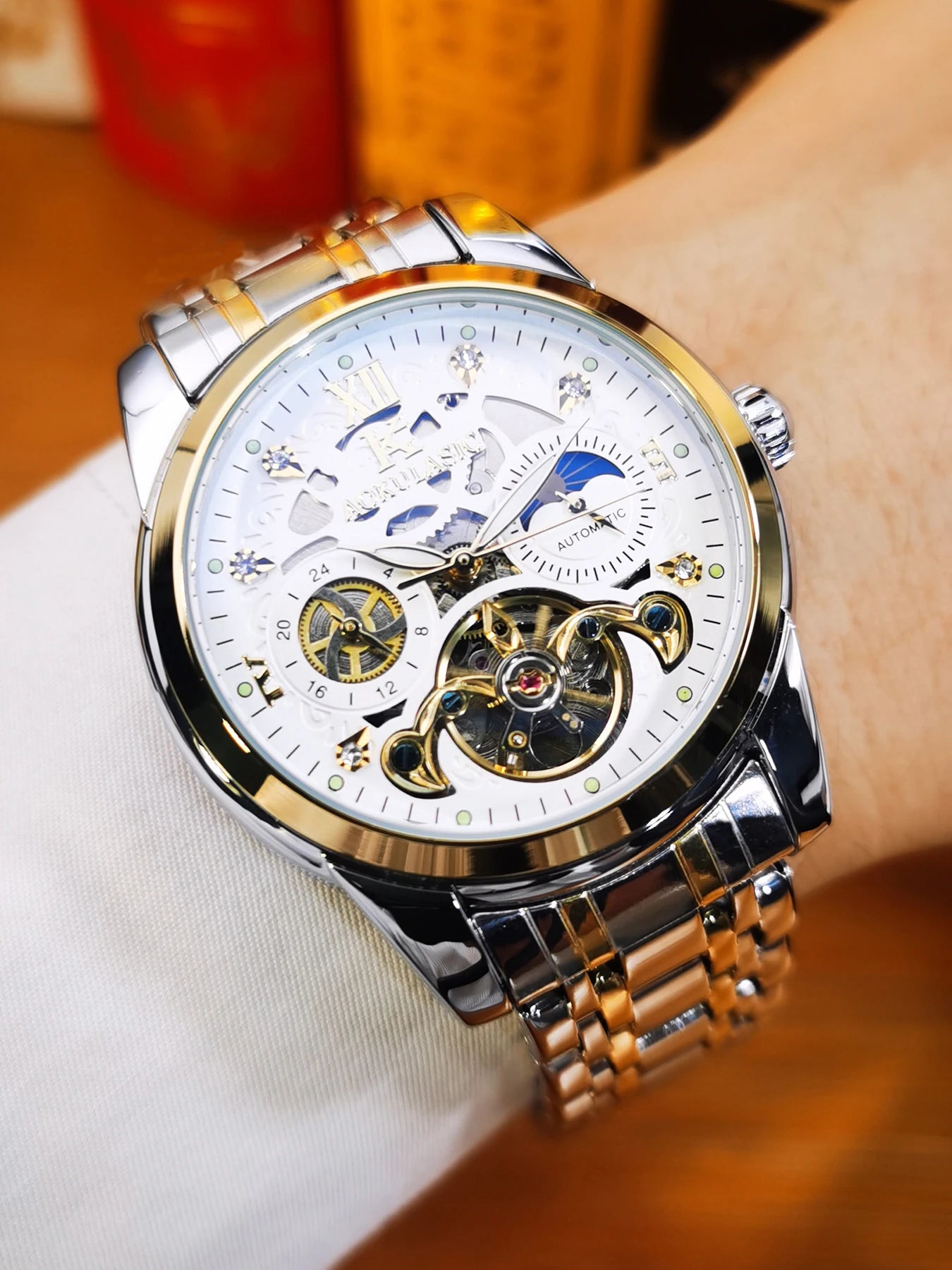 AOKULASIC Retro Tourbillon Mechanical Watch for Men Luminous Hands Business Automatic Mens Watches Top Brand Luxury Steel Strap