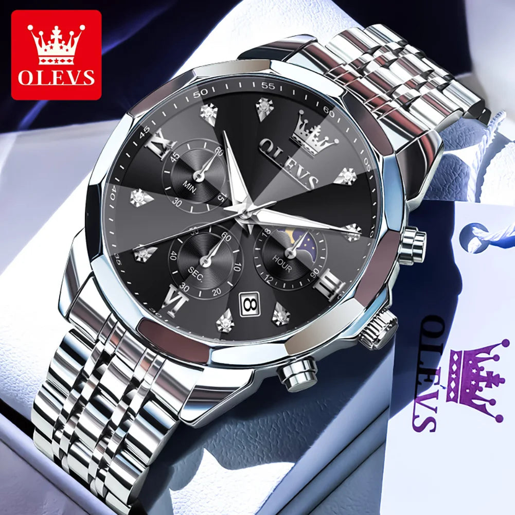 OLEVS 3670 Men's Watches Solid Steel Strap Rhombus Mirror 24Hour Moon Phase Waterproof Luminous Chronograph Quartz Watch for Men