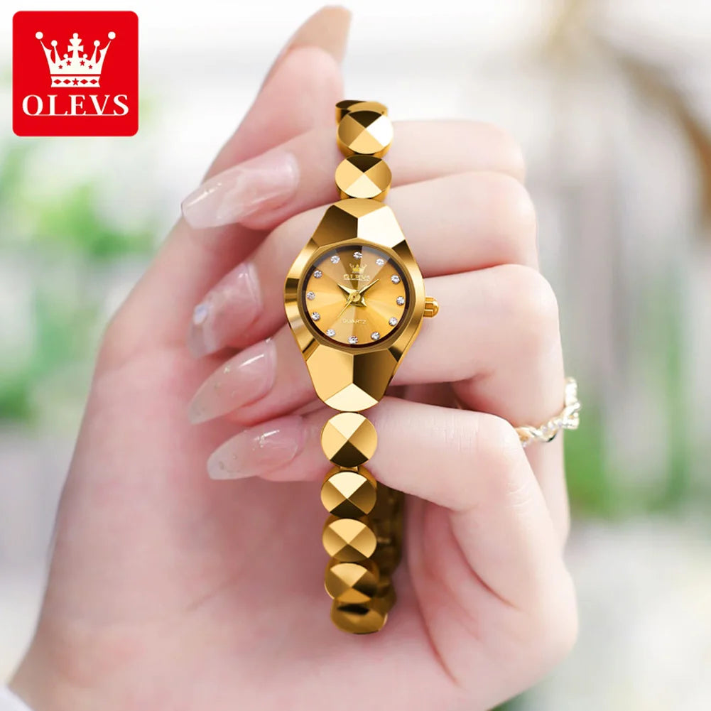 OLEVS 7007 Ladies Watches Original Quartz Wristwatch Rhombus Mirror Diamond Scale Tungsten Steel Watch for Women Bracelet Set