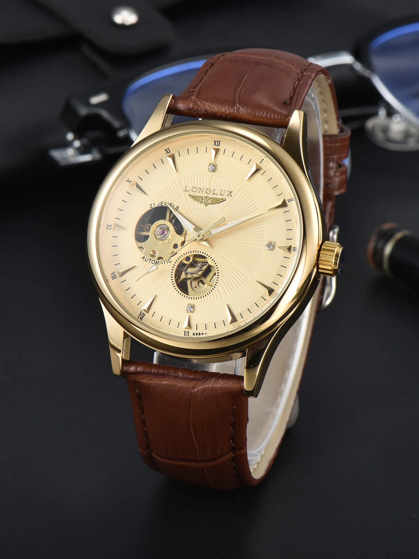 LONGLUX automatic watch elegant style wholesale mechanical wristwatches skeleton rome waterproof mens watch men gift