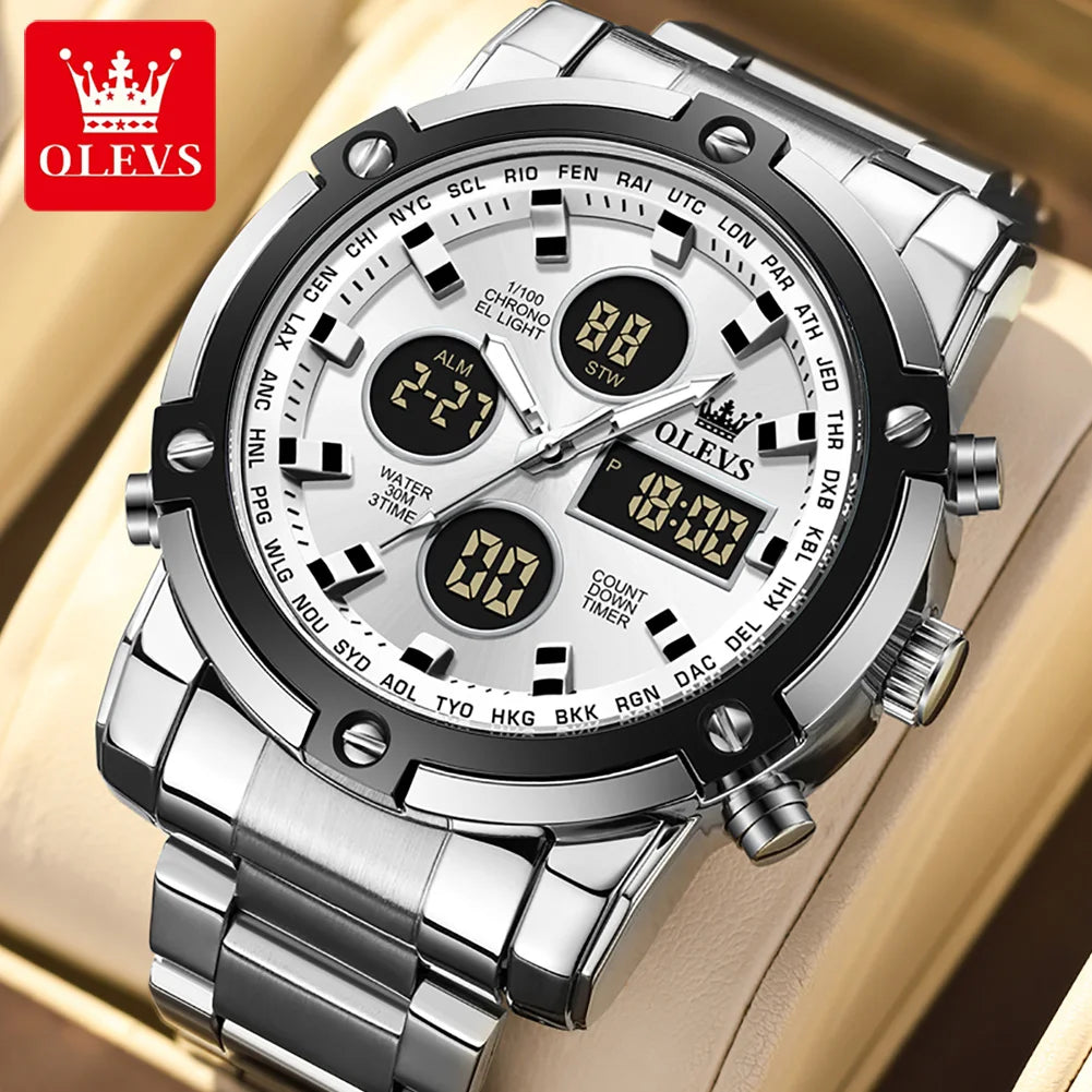 OLEVS 2024 New Mens Watches Top Brand Luxury Sport Digital Quartz Wristwatch For Men All Steel Military Waterproof Clock+Box