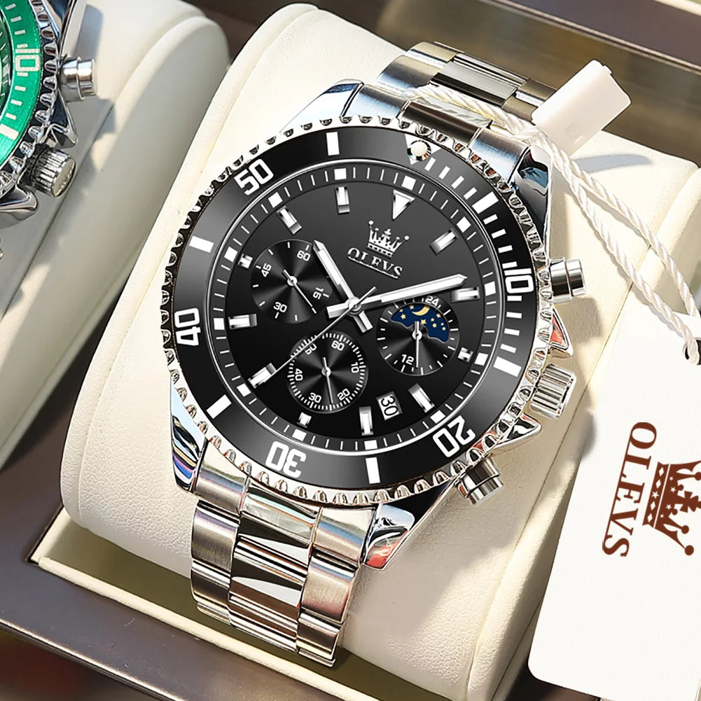 OLEVS Men's Watches Top Brand Luxury Watch for Men Original Waterproof Stainless Steel Chronograph Moon Phase Date Rota Dial