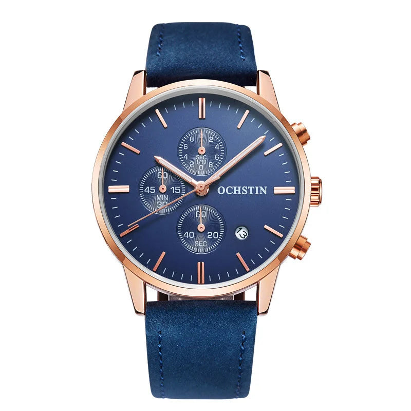 Quartz Watch for Man Multifunctional Chronography Series with 42mm Dial and 10mm Thickness Leather Strap Waterproof 3ATM