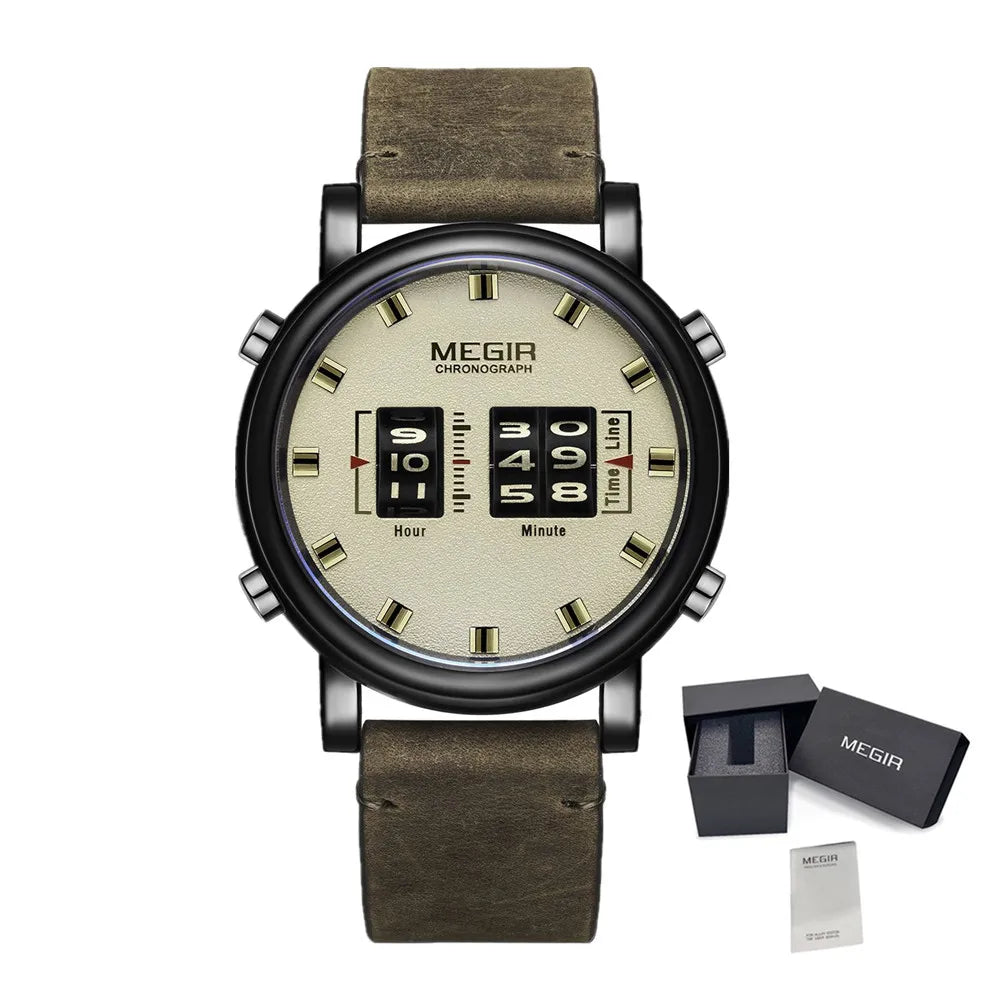 MEGIR Luxury Brand Men Sport Casual Watches Leather Strap Digital Roller Pointer Quartz Wristwatch Clock Relogio Masculino 2137