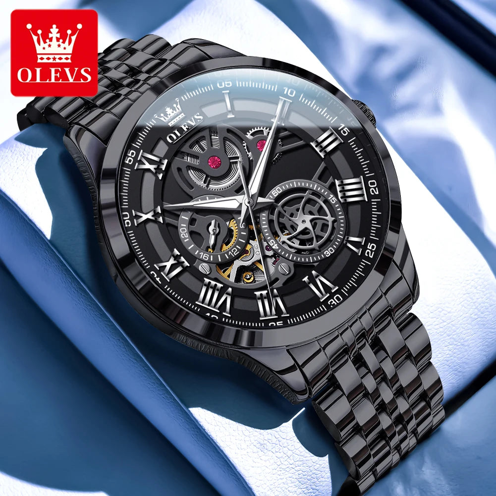 OLEVS 7076 Mechanical Watch for Men Waterproof Skeleton Chronograph Sports Fashion Wristwatch Man Hand Clock