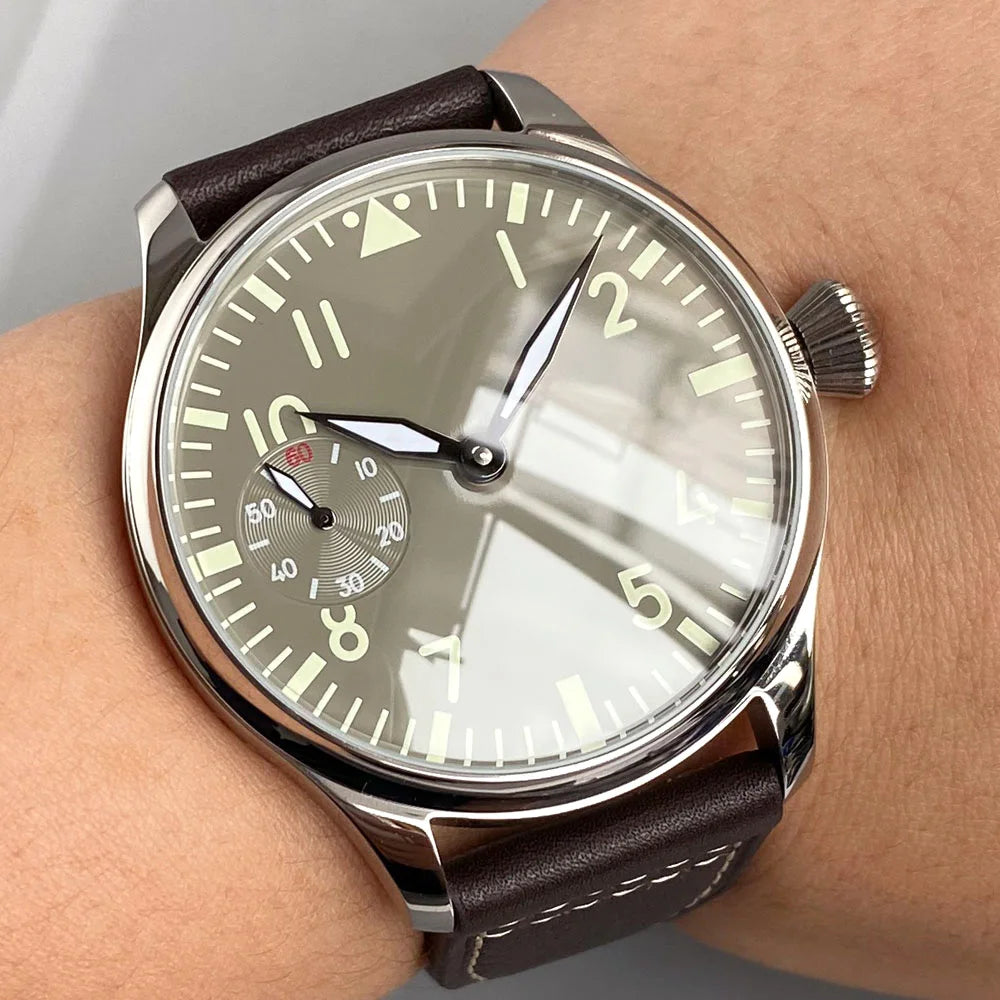 Retro Watch for Men Asia 6497 Hand Winding Movement Black White Mechanical Manual Winding Mineral Crystal 44mm Transparent Back