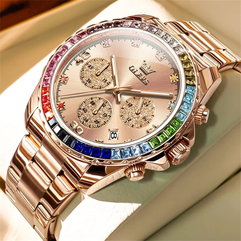 Watches For Men OLEVS Original Rainbow Gem Light Rose Gold Luxury Series Quartz Watch Waterproof Steel Strap Men's Watch New