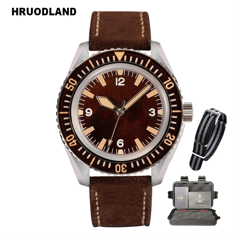 Hruodland Classic Retro Automatic Mechanical Men's Watches F025 Stainless Steel Brown Leather waterproof Luminous reloj hombre