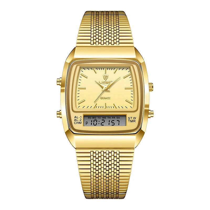 New Fashion Casual Watch Men Digital Dual Time Week Gold Sport 3bar Waterproof Quartz Wristwatches Clock relogio masculino L1030