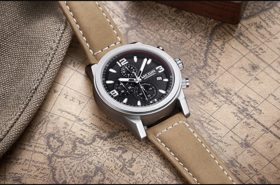 MEGIR Luxury Chronograph Men's Sport Watches Leather Strap Quartz Wristwatch Luminous Casual Male Clock Relogio Masculino 2026