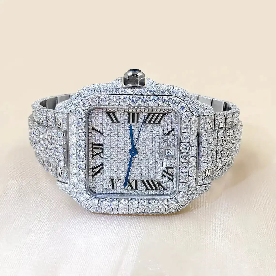 unique roman dial with full iced out square dial luxury  moissanite watch  high-quality stainless steel watch date display watch