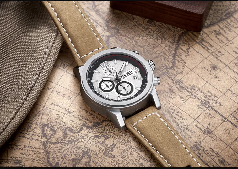 MEGIR Luxury Chronograph Men's Sport Watches Leather Strap Quartz Wristwatch Luminous Casual Male Clock Relogio Masculino 2026