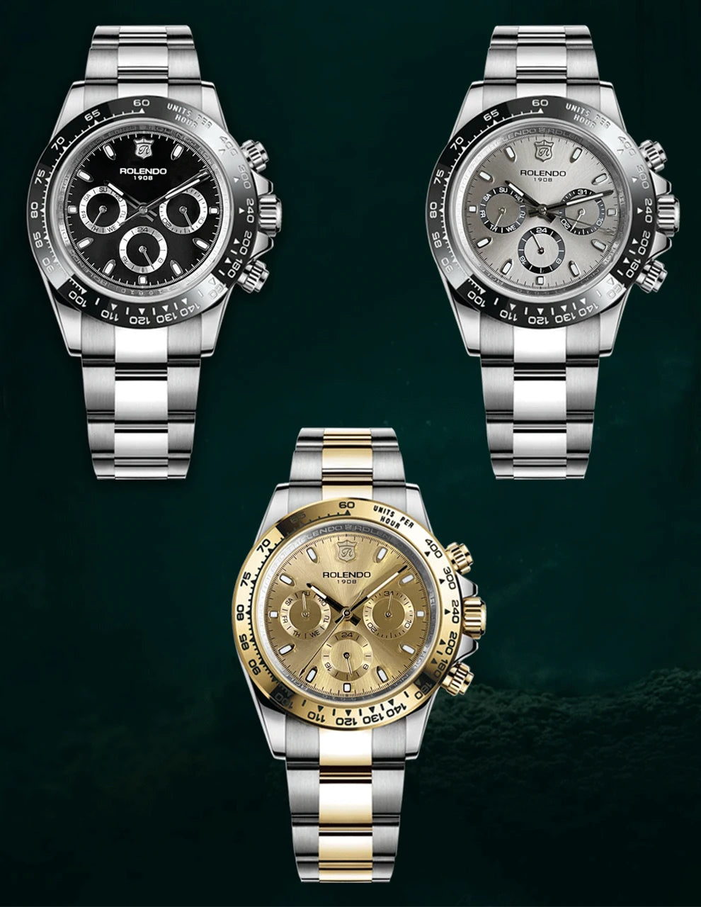 ROLENDO Luxury Men Automatic Diver Watch 40.5mm Mineral Crystal Luminous Date 300M Waterproof High-end Men's Wristwatch Gift