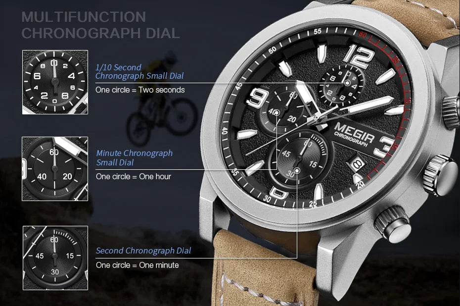 MEGIR Luxury Chronograph Men's Sport Watches Leather Strap Quartz Wristwatch Luminous Casual Male Clock Relogio Masculino 2026