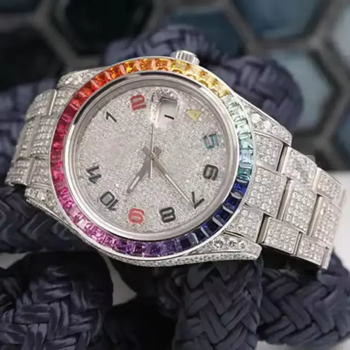 Quartz Iced Out Gold Watch for Men Cuban Link Style Rainbow Stones Luxury Hip Hop Timepiece in Stainless Steel limited edition