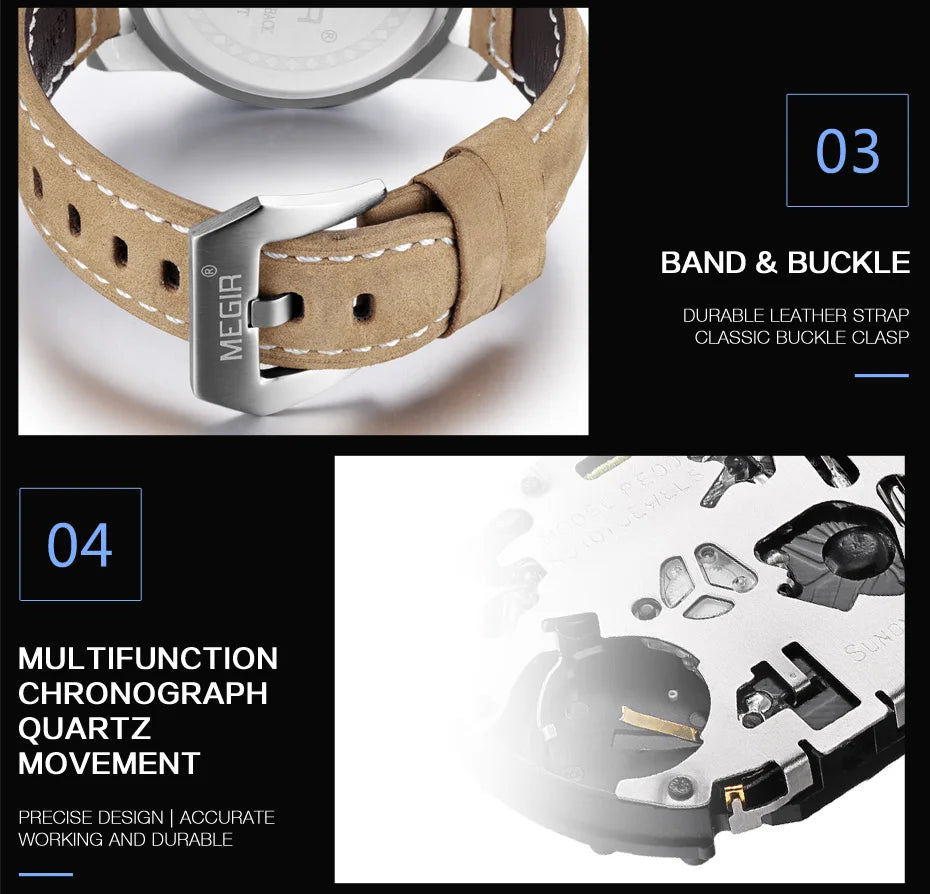 MEGIR Luxury Chronograph Men's Sport Watches Leather Strap Quartz Wristwatch Luminous Casual Male Clock Relogio Masculino 2026