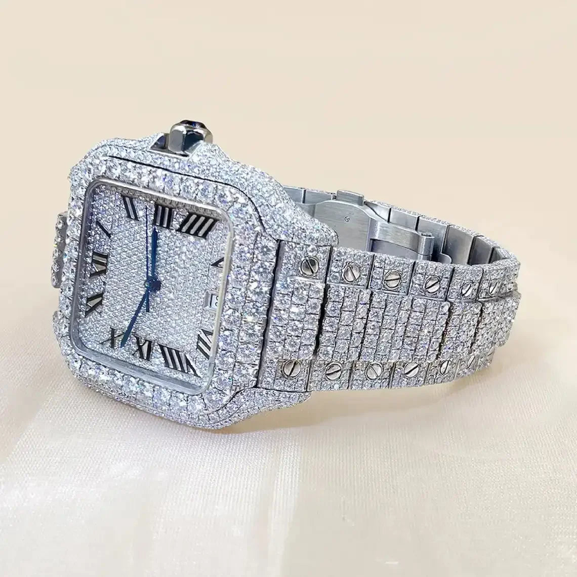 unique roman dial with full iced out square dial luxury  moissanite watch  high-quality stainless steel watch date display watch