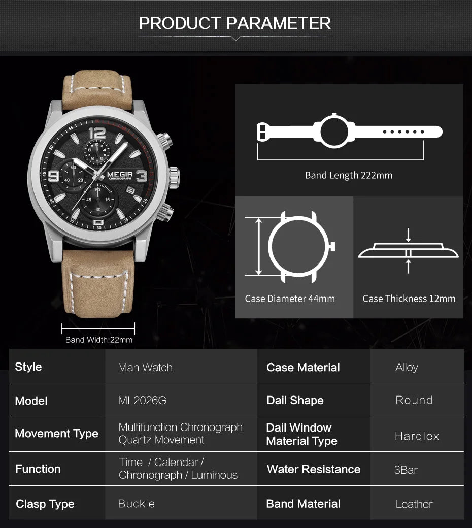 MEGIR Luxury Chronograph Men's Sport Watches Leather Strap Quartz Wristwatch Luminous Casual Male Clock Relogio Masculino 2026