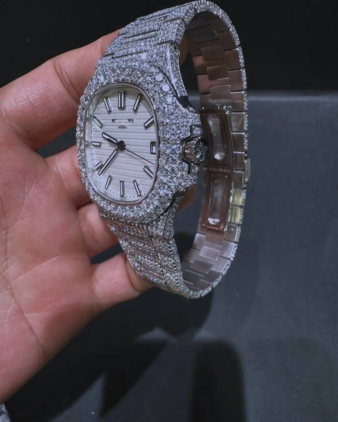 Fully White Moissanite Automatic Quartz Watch Men's Business Antique Fashion Style Stainless Steel Case Square Dial Sapphire