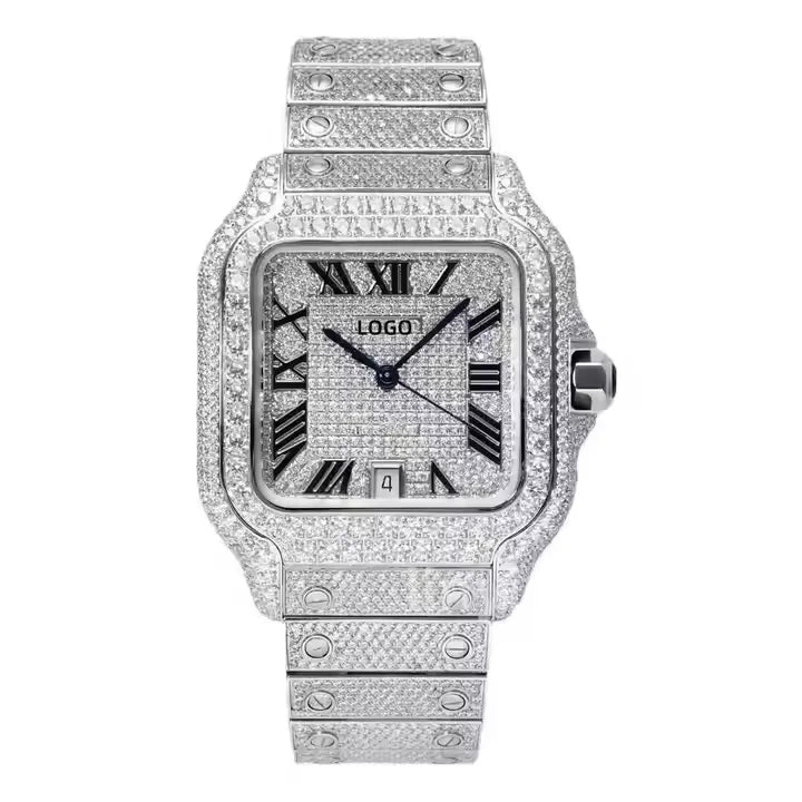 unique roman dial with full iced out square dial luxury  moissanite watch  high-quality stainless steel watch date display watch
