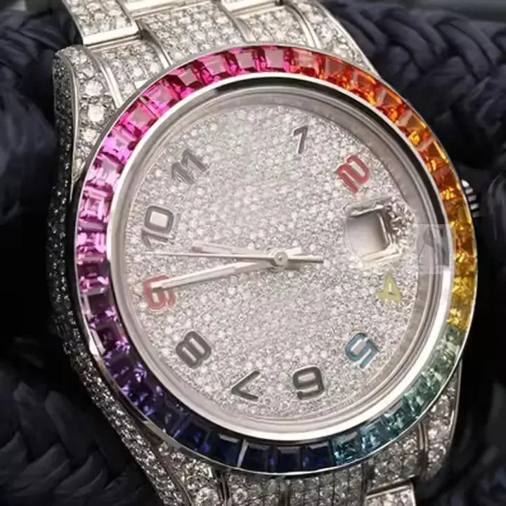 Quartz Iced Out Gold Watch for Men Cuban Link Style Rainbow Stones Luxury Hip Hop Timepiece in Stainless Steel limited edition