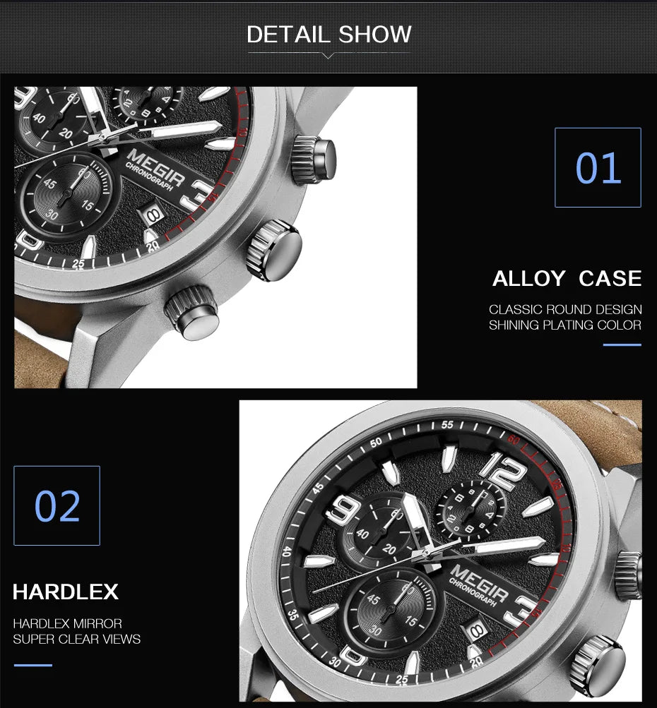 MEGIR Luxury Chronograph Men's Sport Watches Leather Strap Quartz Wristwatch Luminous Casual Male Clock Relogio Masculino 2026