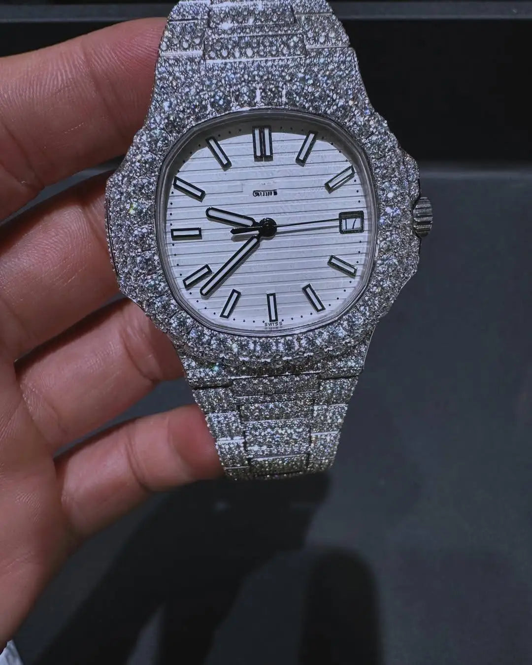 Fully White Moissanite Automatic Quartz Watch Men's Business Antique Fashion Style Stainless Steel Case Square Dial Sapphire