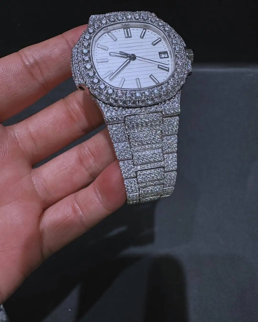 Fully White Moissanite Automatic Quartz Watch Men's Business Antique Fashion Style Stainless Steel Case Square Dial Sapphire