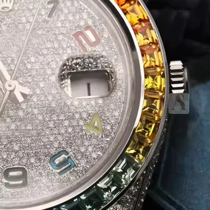 Quartz Iced Out Gold Watch for Men Cuban Link Style Rainbow Stones Luxury Hip Hop Timepiece in Stainless Steel limited edition