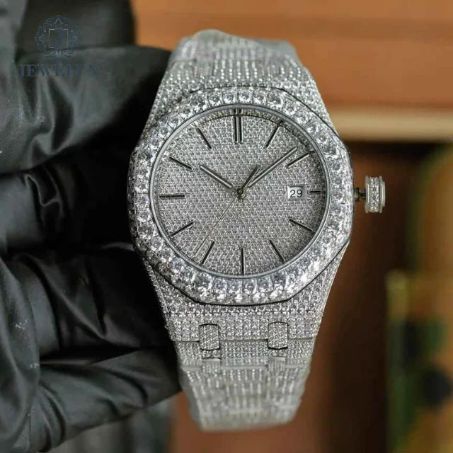 Luxurious Classic Moissanite Diamond Analog Dial Automatic Watch Handmade Hip Hop Style Iced Bust Water Resistant Mechanical