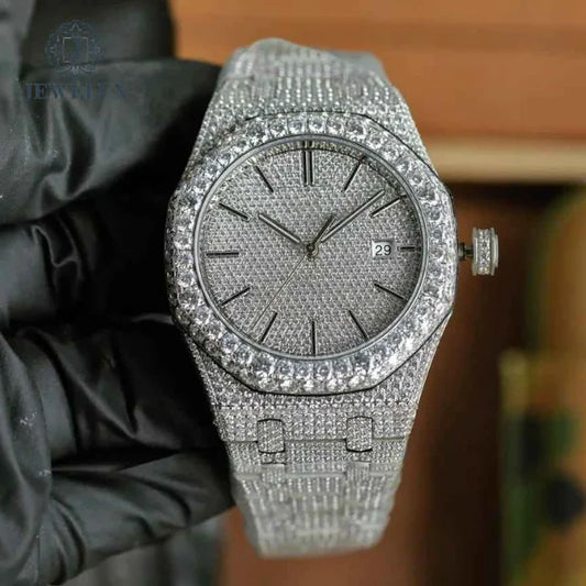 Luxurious Classic Moissanite Diamond Analog Dial Automatic Watch Handmade Hip Hop Style Iced Bust Water Resistant Mechanical