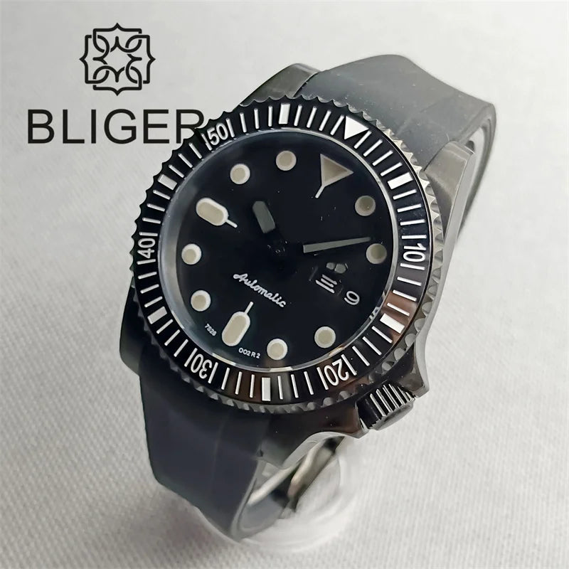 BLIGER 40mm Watch for Men NH36 Movement Week-day Display Function Full Black Dial Curved Luxury Business Waterproof Watch