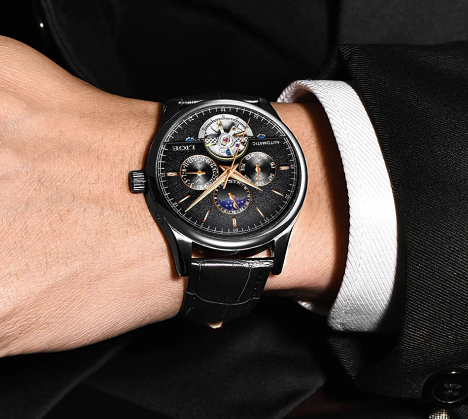 Relogio Masculino 50M Waterproof Mens Watches New LIGE Top Brand Luxury Automatic Mechanical Watch Man Leather Watch Week Clock