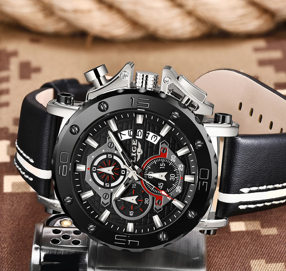 2025 LIGE New Mens Watches Top Brand Luxury Big Dial Military Quartz Watch Leather Waterproof Sport Wristwatch Relogio Masculino
