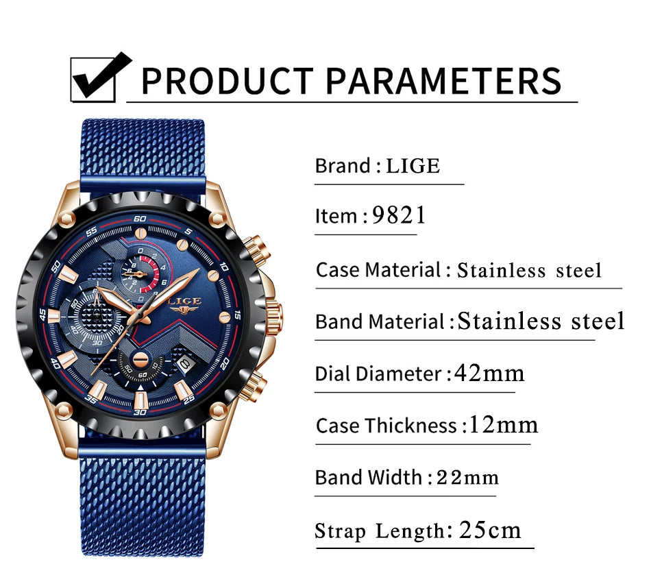 2025 New LIGE Blue Casual Mesh Belt Fashion Quartz Wristwatches Mens Watches Top Brand Luxury Waterproof Clock Relogio Masculino