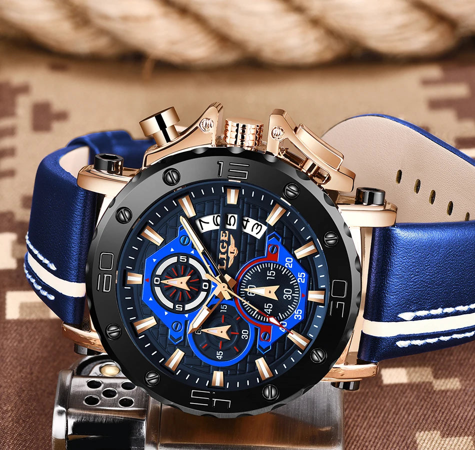2025 LIGE New Mens Watches Top Brand Luxury Big Dial Military Quartz Watch Leather Waterproof Sport Wristwatch Relogio Masculino