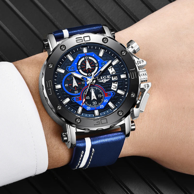 2025 LIGE New Mens Watches Top Brand Luxury Big Dial Military Quartz Watch Leather Waterproof Sport Wristwatch Relogio Masculino
