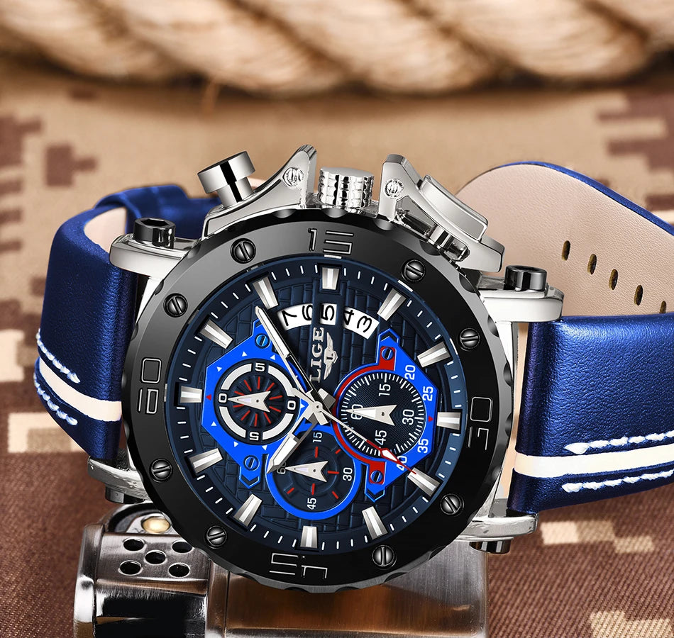 2025 LIGE New Mens Watches Top Brand Luxury Big Dial Military Quartz Watch Leather Waterproof Sport Wristwatch Relogio Masculino