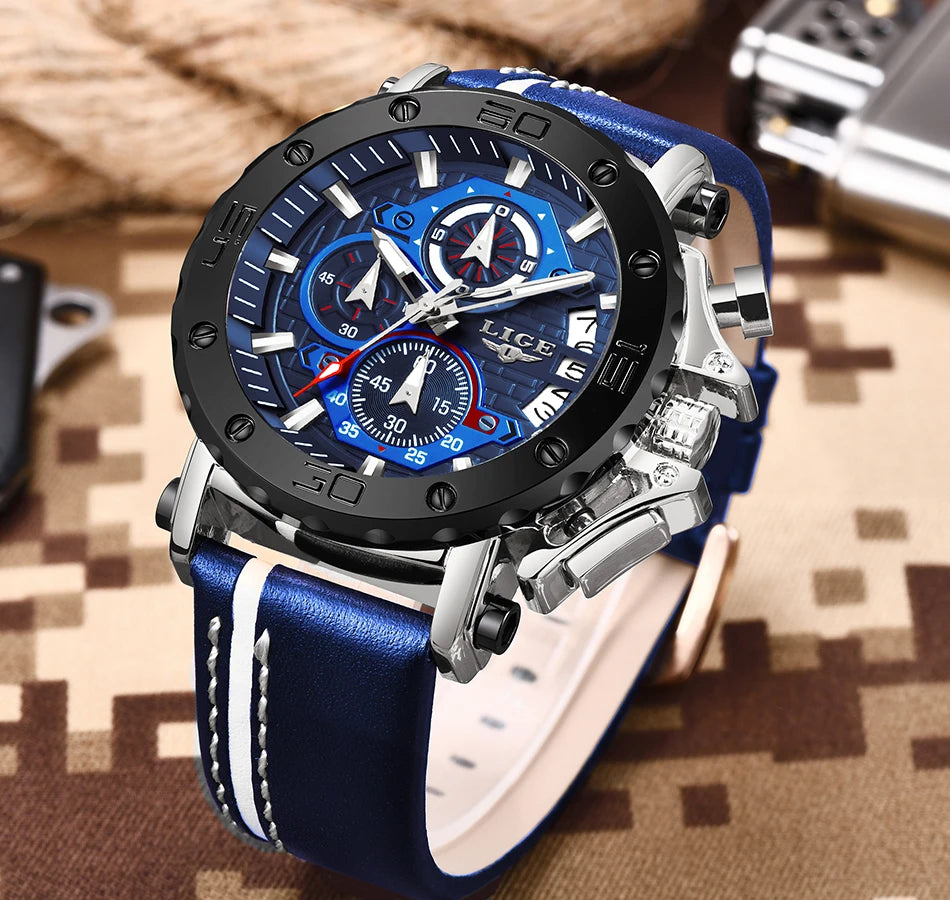 2025 LIGE New Mens Watches Top Brand Luxury Big Dial Military Quartz Watch Leather Waterproof Sport Wristwatch Relogio Masculino