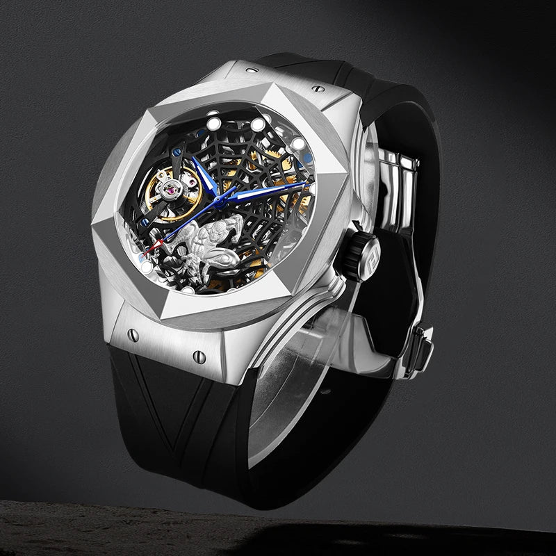 Wholesale Custom Men Trendy Fashion Automatic Watch Sapphire Hollow Flywheel Spider Web Dial Personalized Style Mechanical Watch