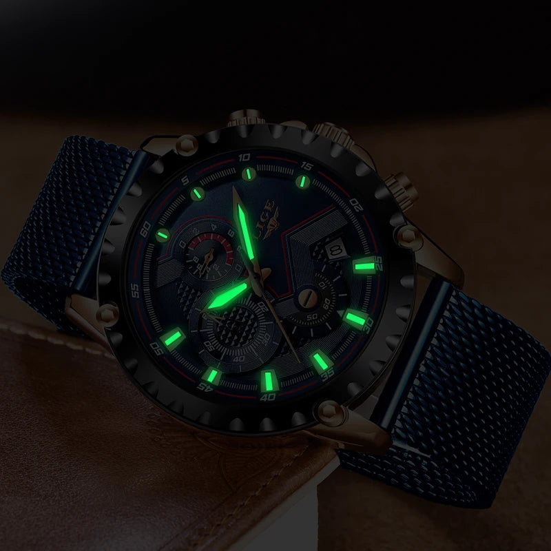 2025 New LIGE Blue Casual Mesh Belt Fashion Quartz Wristwatches Mens Watches Top Brand Luxury Waterproof Clock Relogio Masculino