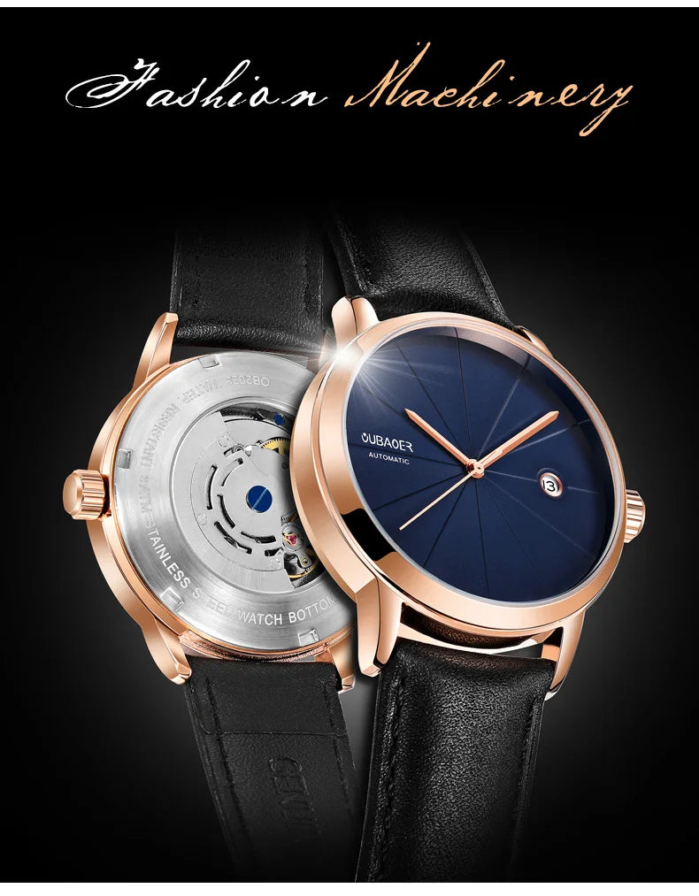 2025 OUBAOER Men Watch Automatic Mechanical Watches Bussiness Leather Strap Wristwatches Waterproof Classic Minimalist Clocks