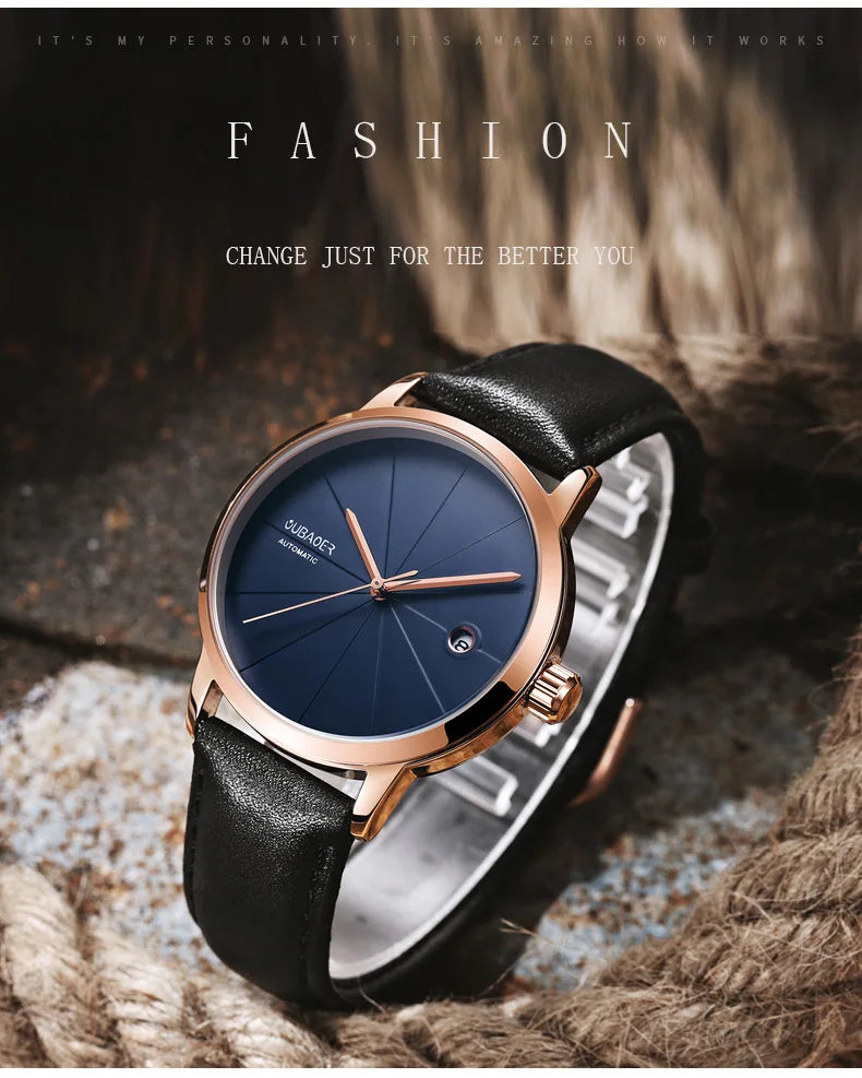 2025 OUBAOER Men Watch Automatic Mechanical Watches Bussiness Leather Strap Wristwatches Waterproof Classic Minimalist Clocks