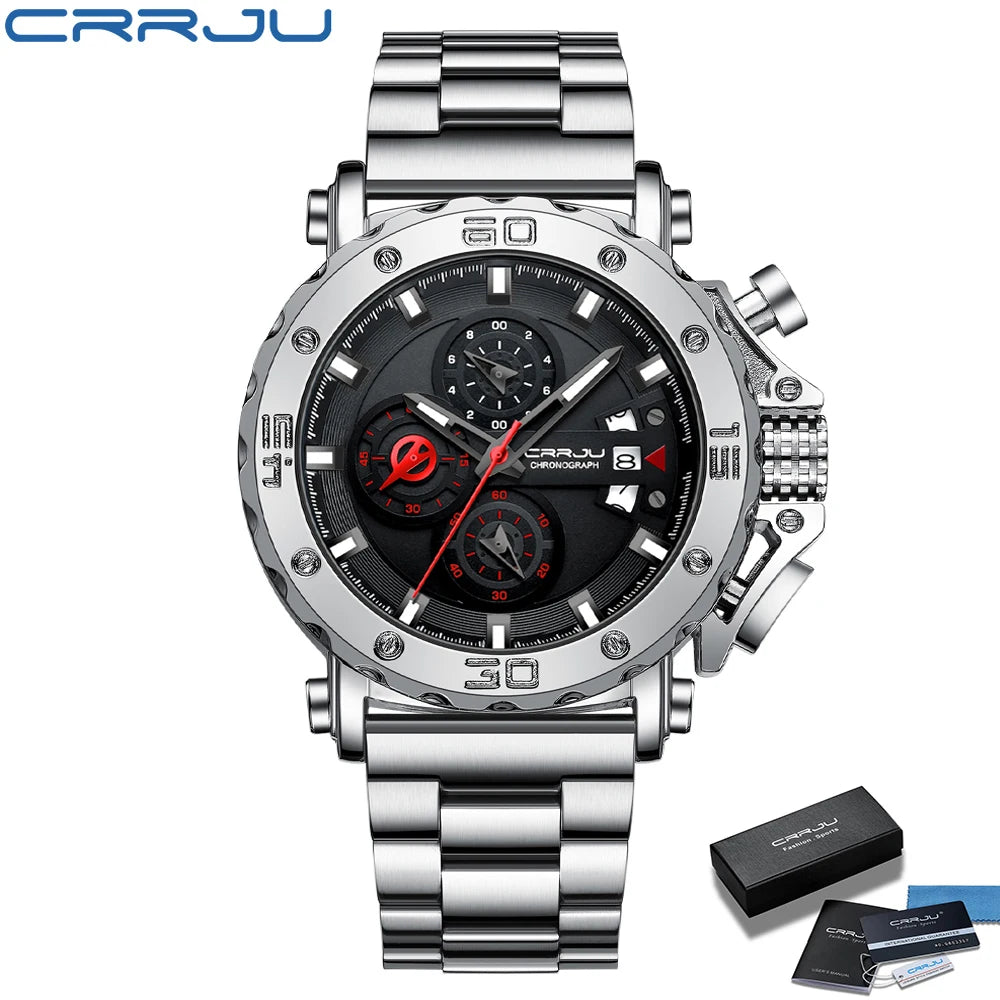 Relogio Masculino CRRJU Sport Chronograph Mens Watches Top Brand Luxury Full Steel Quartz Clock Waterproof Big Dial Watch Men