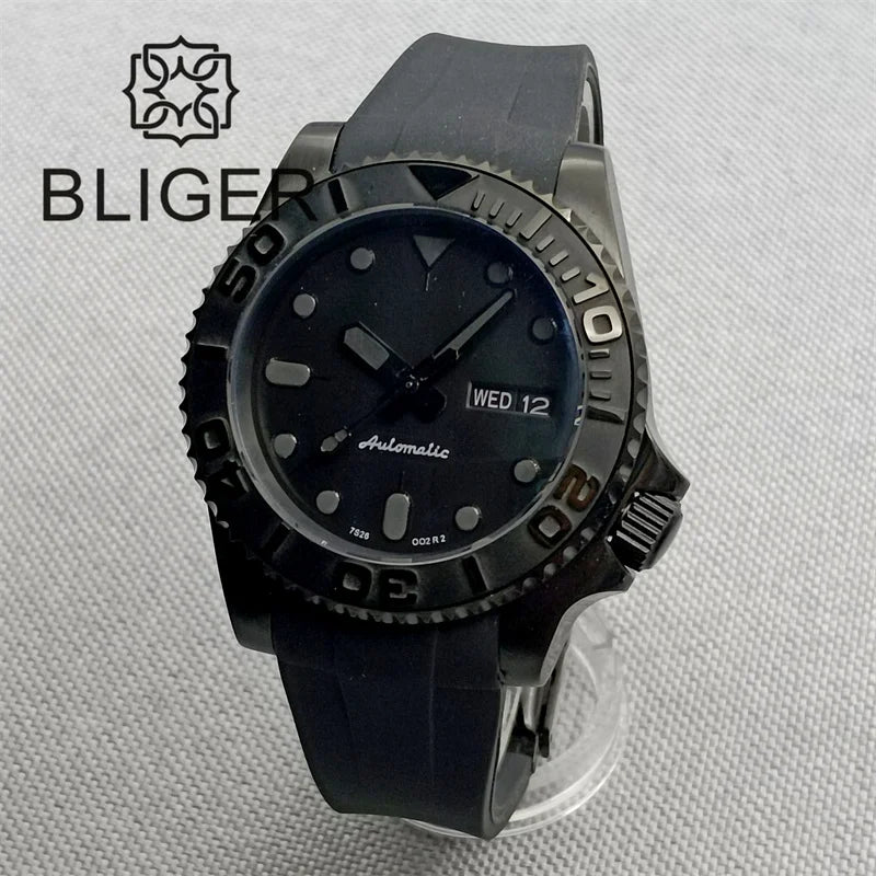 BLIGER 40mm Watch for Men NH36 Movement Week-day Display Function Full Black Dial Curved Luxury Business Waterproof Watch