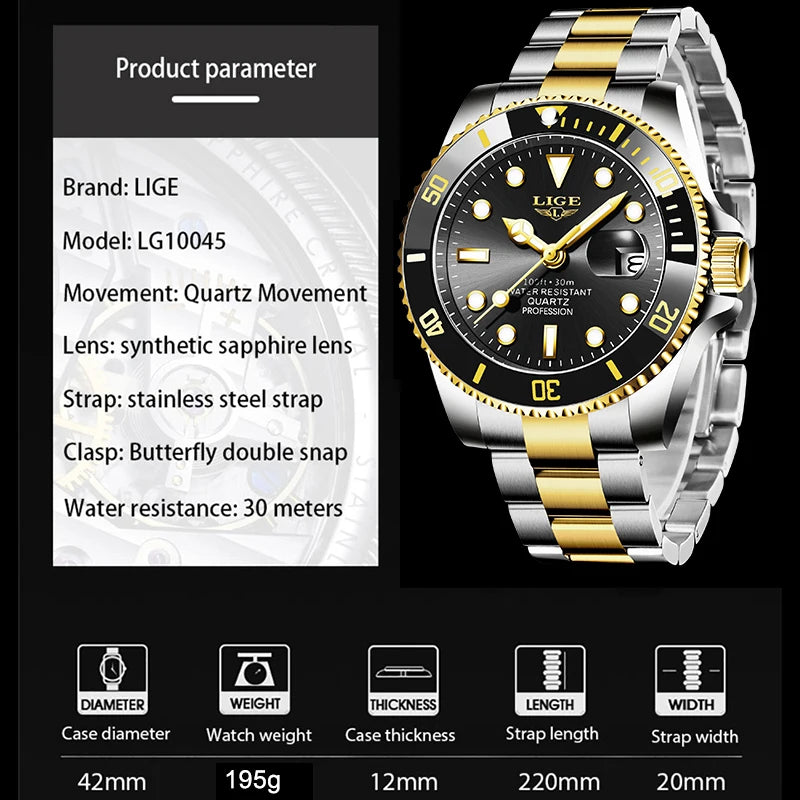 Reloj LIGE Top Brand Luxury Fashion Diver Watch Men Waterproof Date Clock Sport Watches Mens Quartz Wristwatch Relogio Masculino
