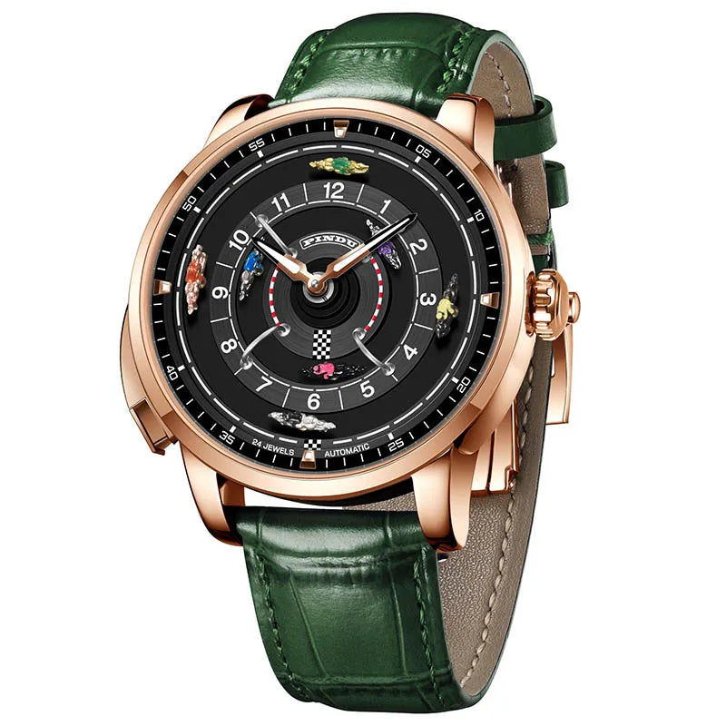 Pindu Designs NH35 Men's Mechanical Watch Press Button Turn Horse Riding Roulette Blue Sapphire Mirror Miyota Movement Jacob