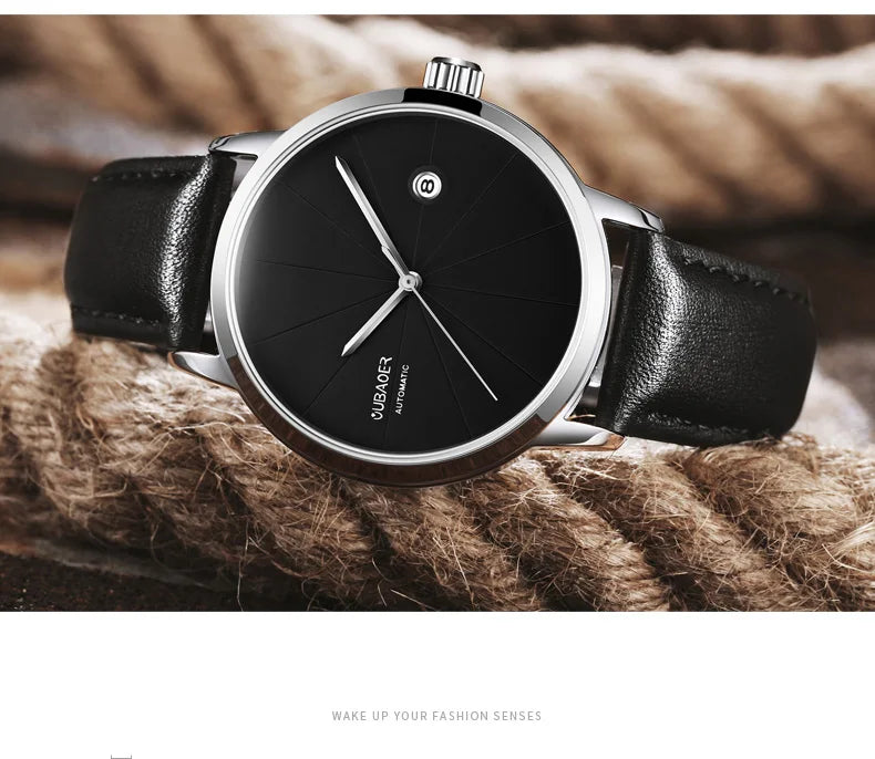2025 OUBAOER Men Watch Automatic Mechanical Watches Bussiness Leather Strap Wristwatches Waterproof Classic Minimalist Clocks